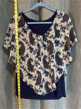 Paisley Flutter Sleeve Layered Top in Navy and Cream